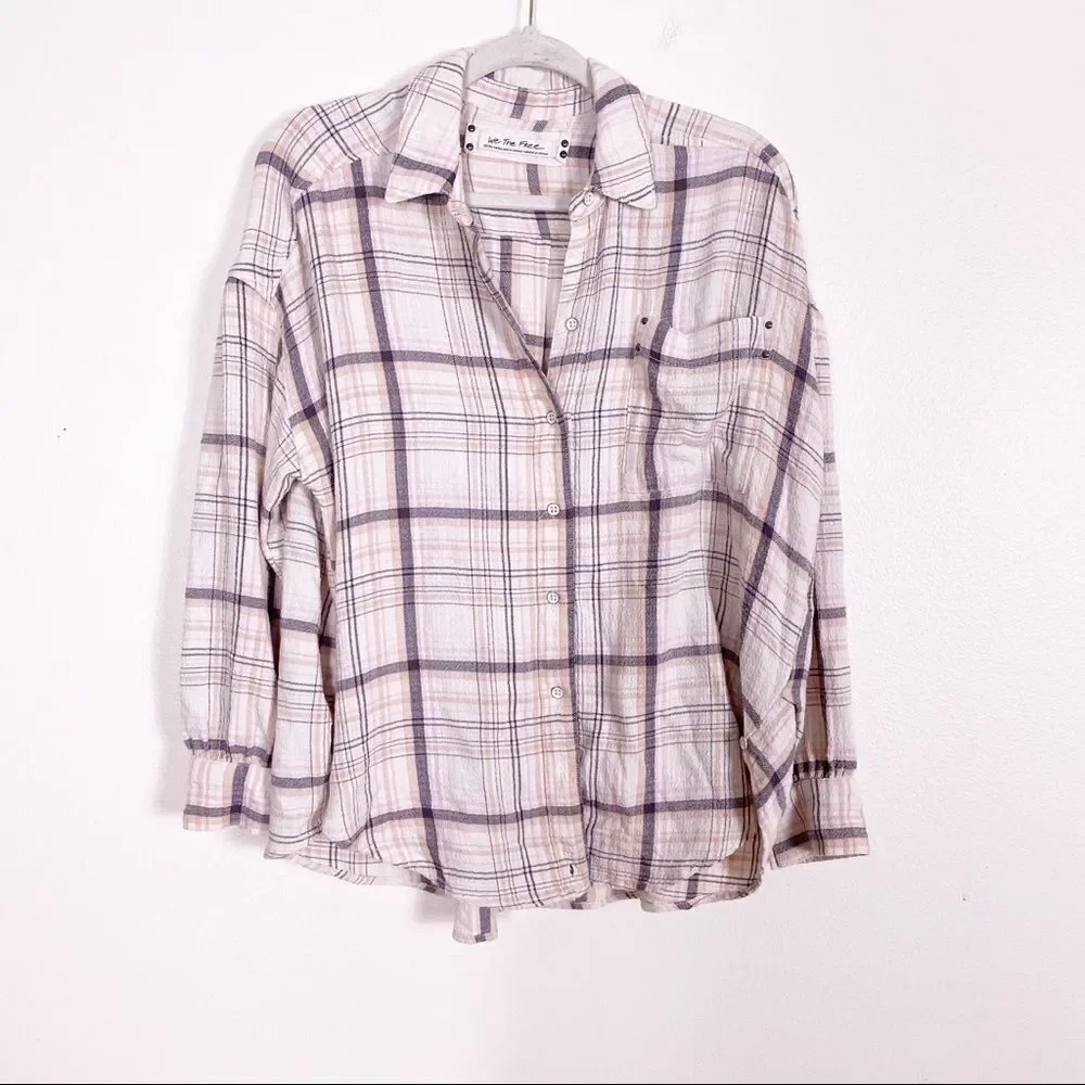 We The Free Free People White w/‎ Tan, Grey, & Pink Plaid Oversized Long Sleeve